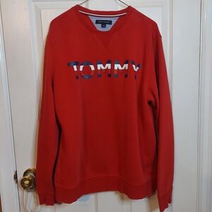Tommy Hilfiger Red Spell Out Logo Crewneck Pullover Sweater Ivy Prep Size L